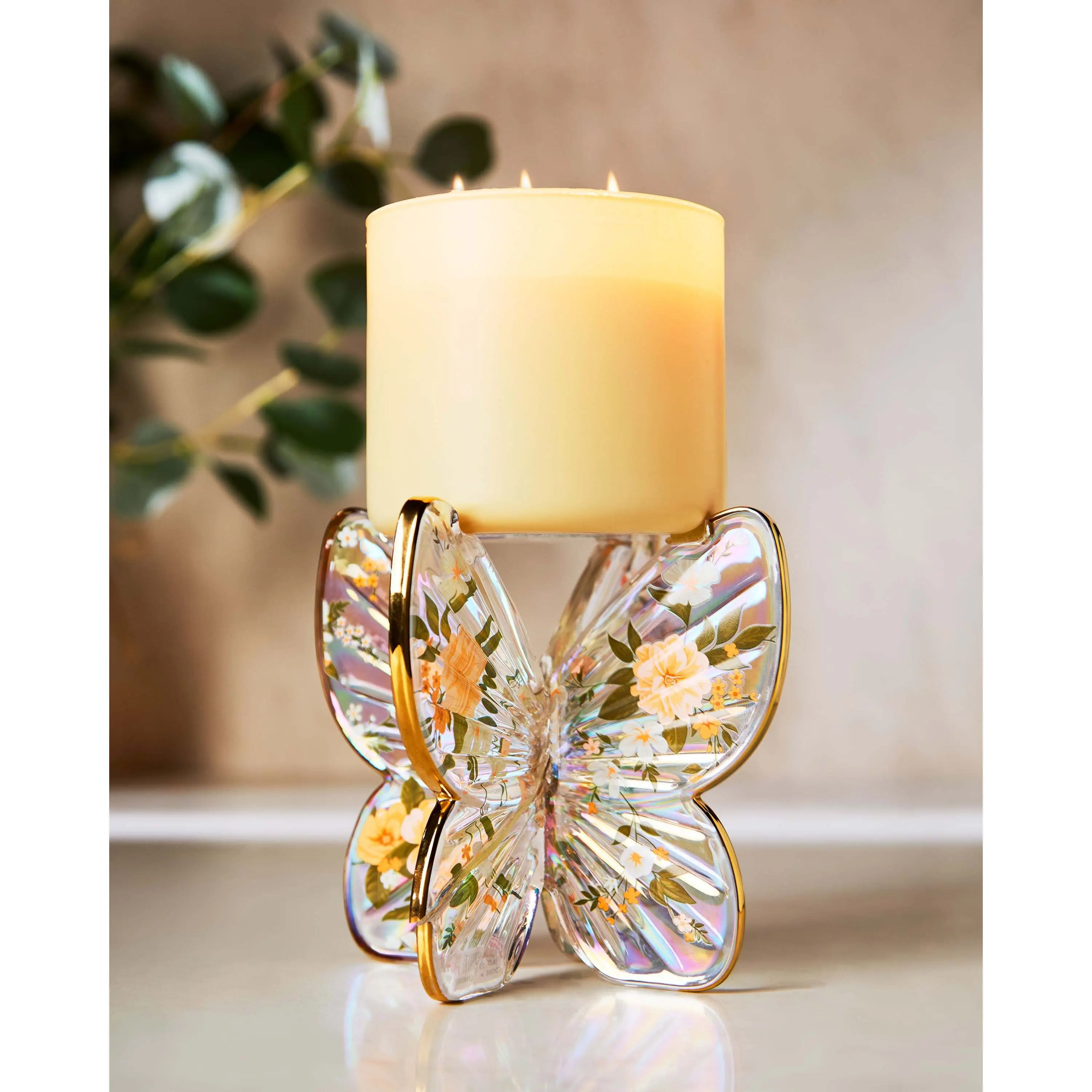 Glass Butterfly Pedestal 3-Wick Candle Holder - Image 2